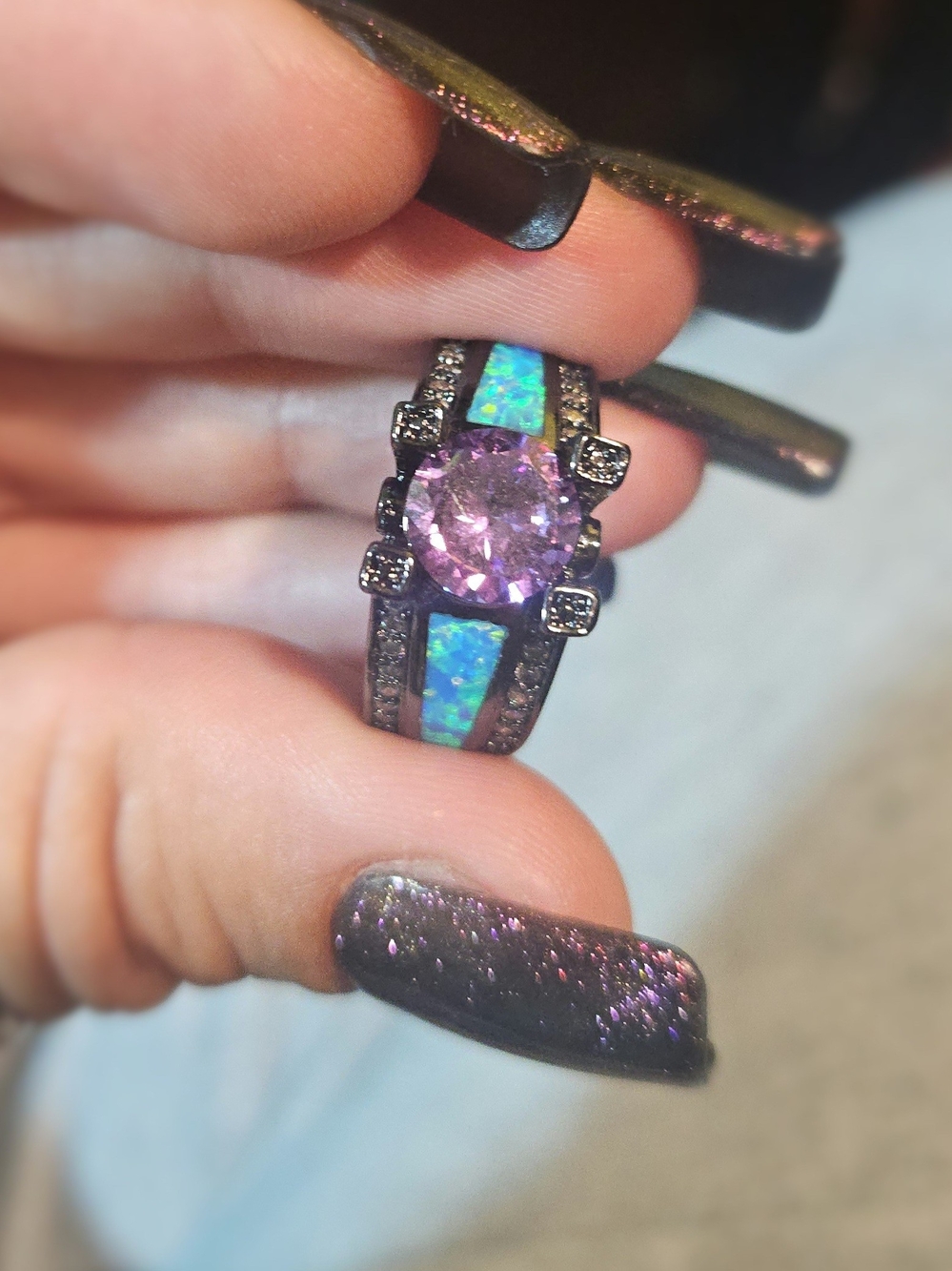 Authentic 10K Black Gold-Finish Simulated Purple Sapphire & Lab Opal Statement